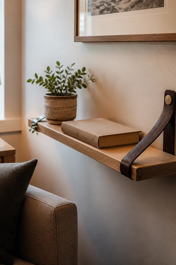 Small wall ledge with a leather strap holding a book and a lamp