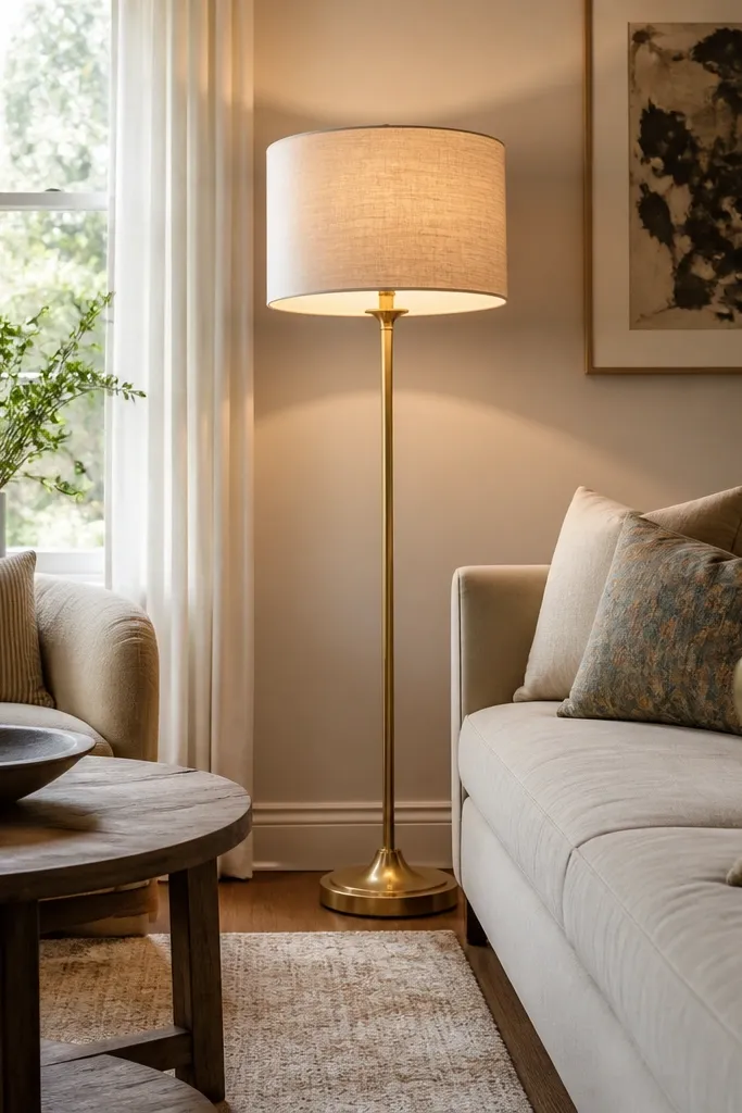 Tall floor lamp with linen drum shade next to sofa and neutral cushions
