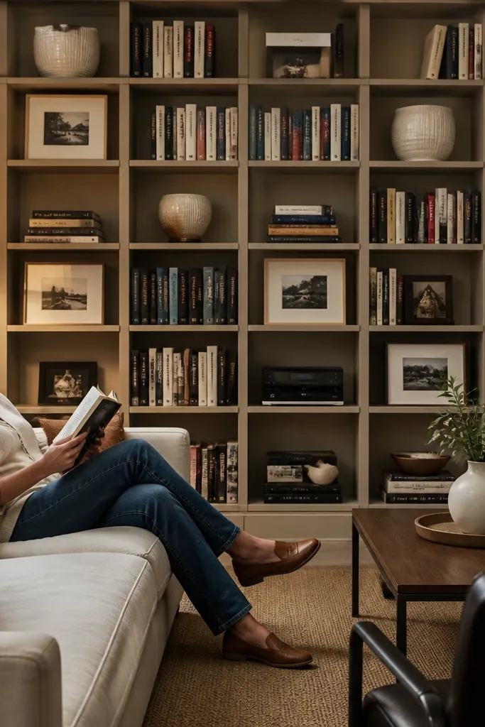 Bookshelf wall with styled compartments and a tidy cable shelf behind decor