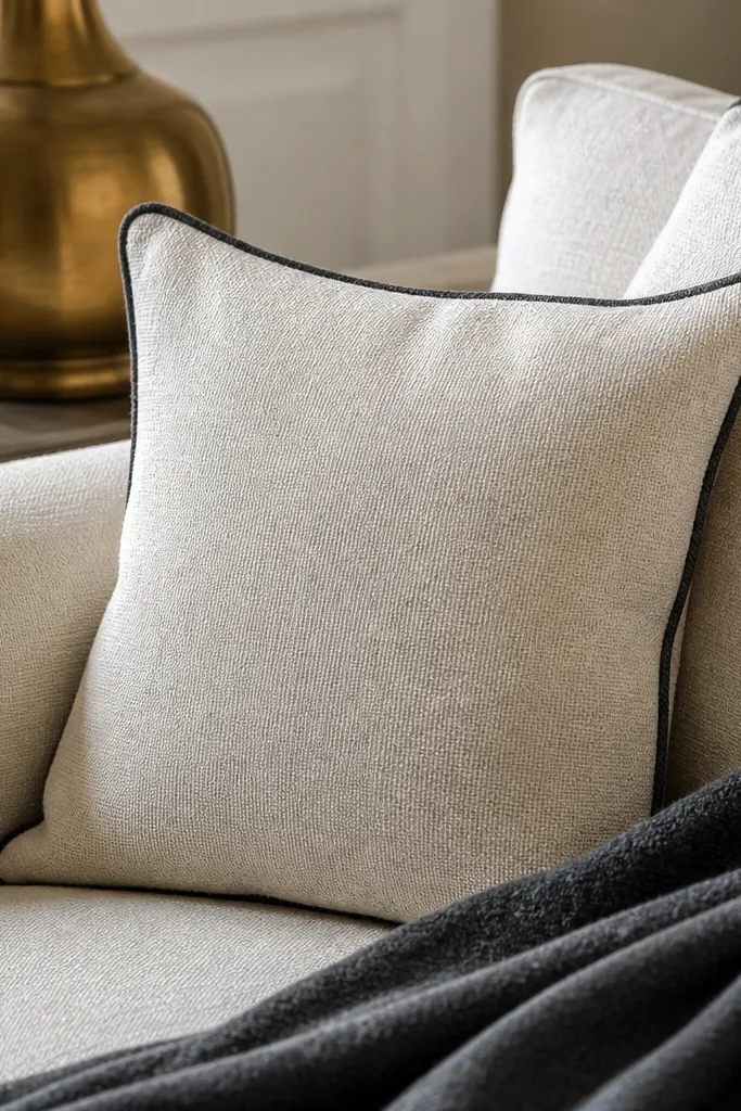 Linen cushions with subtle texture and neat piping in a darker tone on a sofa