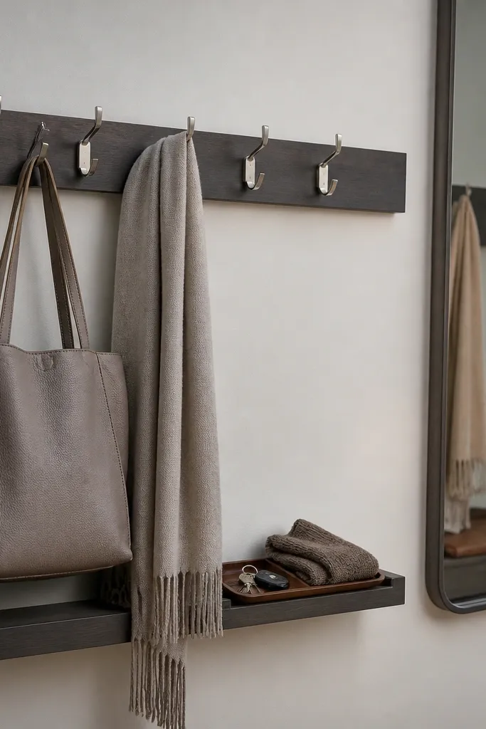 Wall hook set with a small hidden shelf above and a clean entry wall near the drawing room