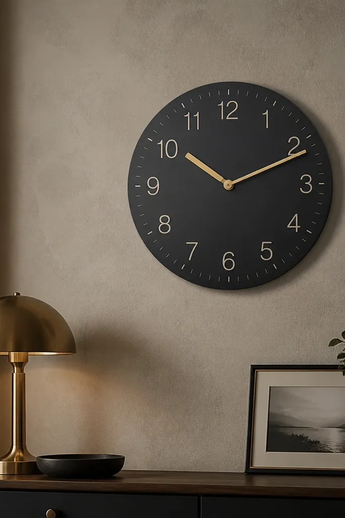 Matte black wall clock with large numbers centered above a console