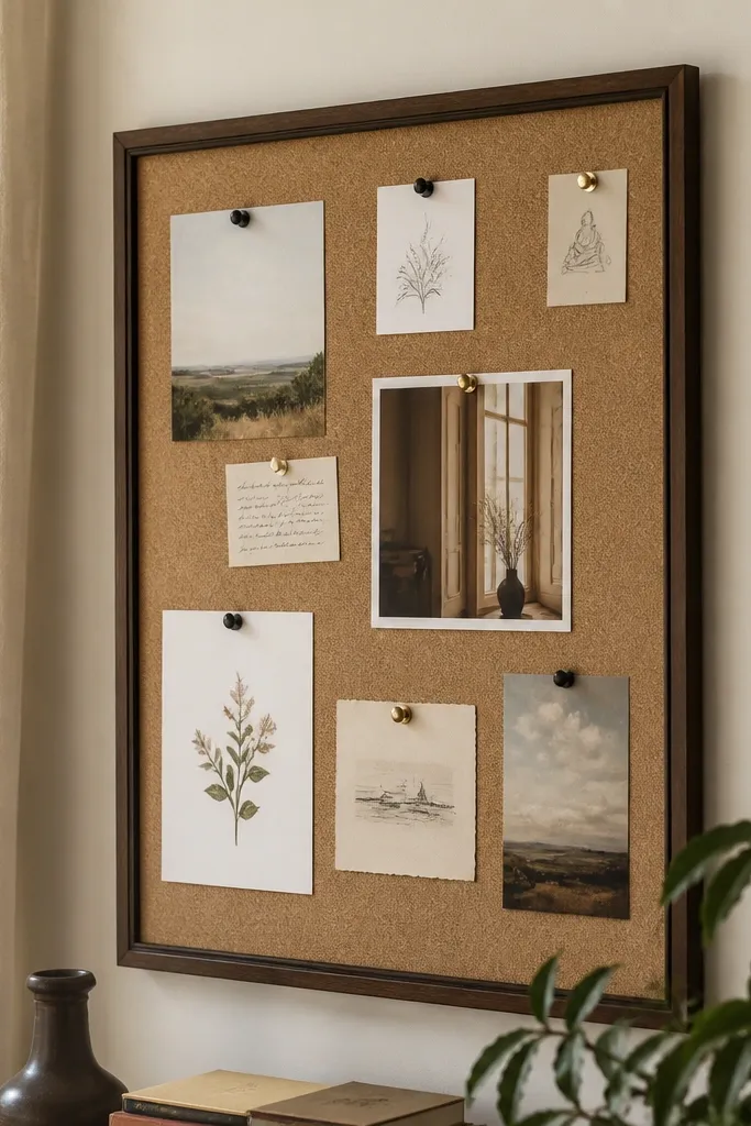 Cork board in a slim frame with pinned art and a small calendar near the seating area