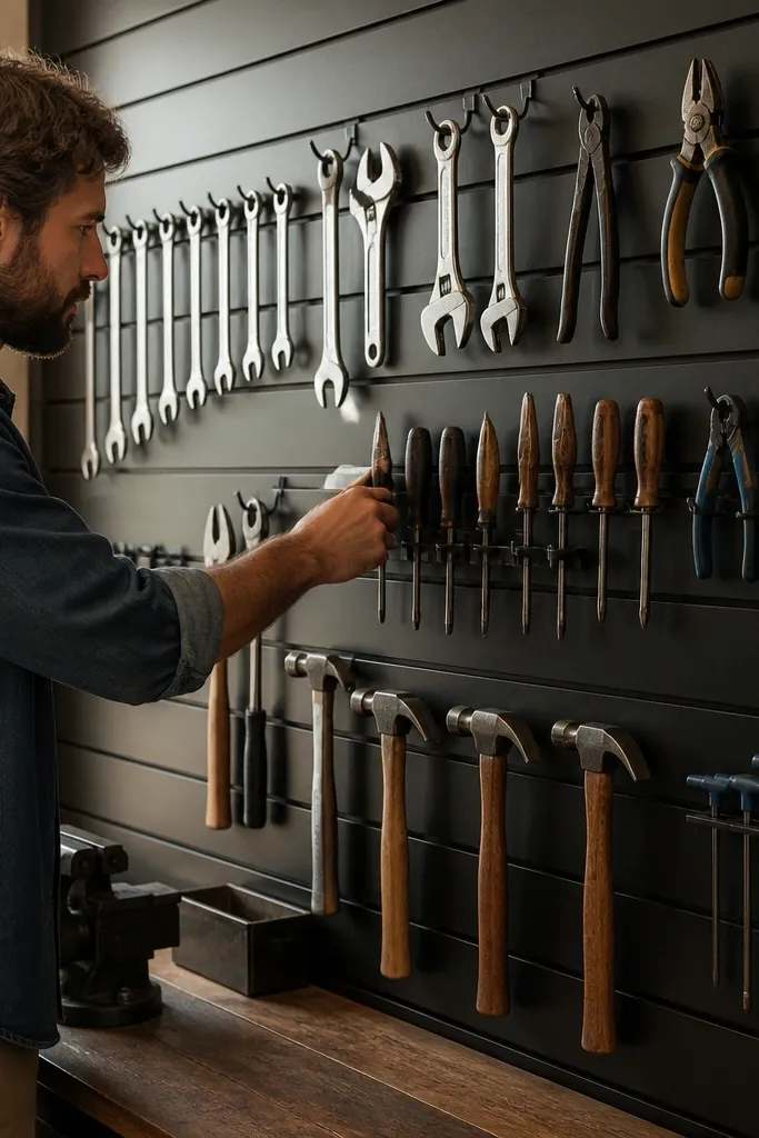 Black slatwall panels with evenly spaced hooks holding hand tools