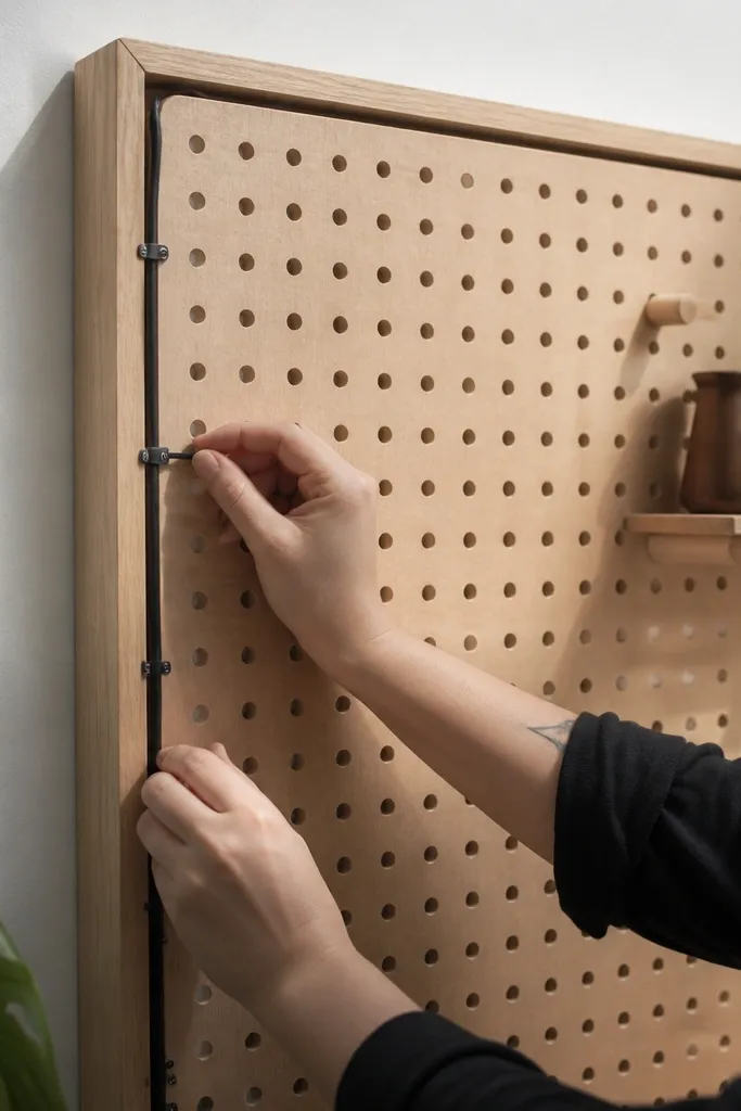 Sand-colored plywood frame holding pegboard with cable clips along the edge