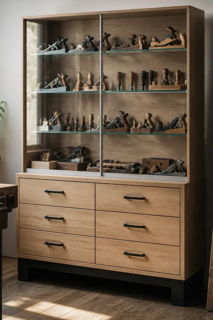 Wood cabinet with black base and glass upper shelf for organized tools