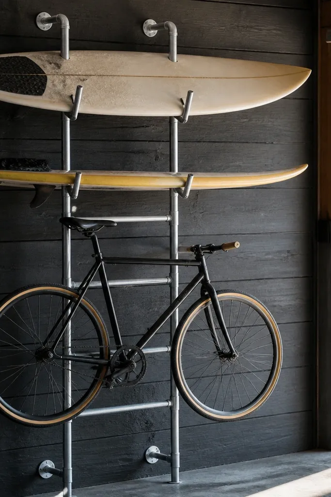 Galvanized ladder-style rack holding a bike and long boards on a wall