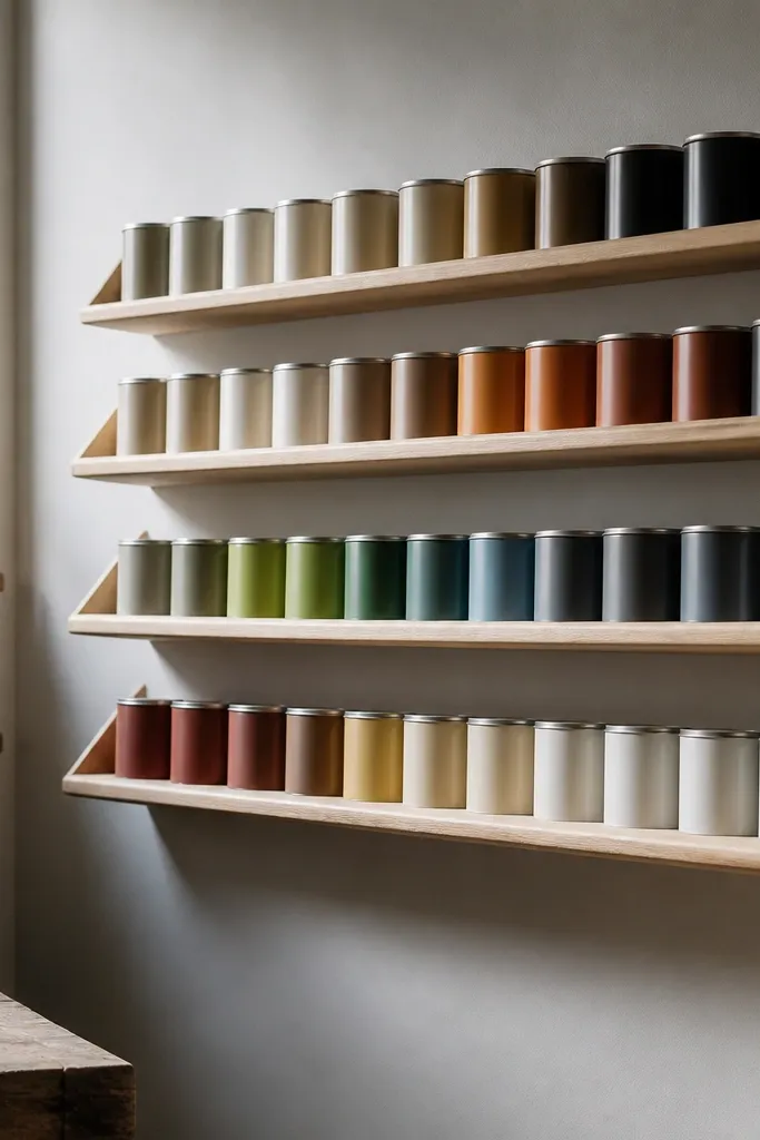 Wall shelves slope holding paint cans neatly