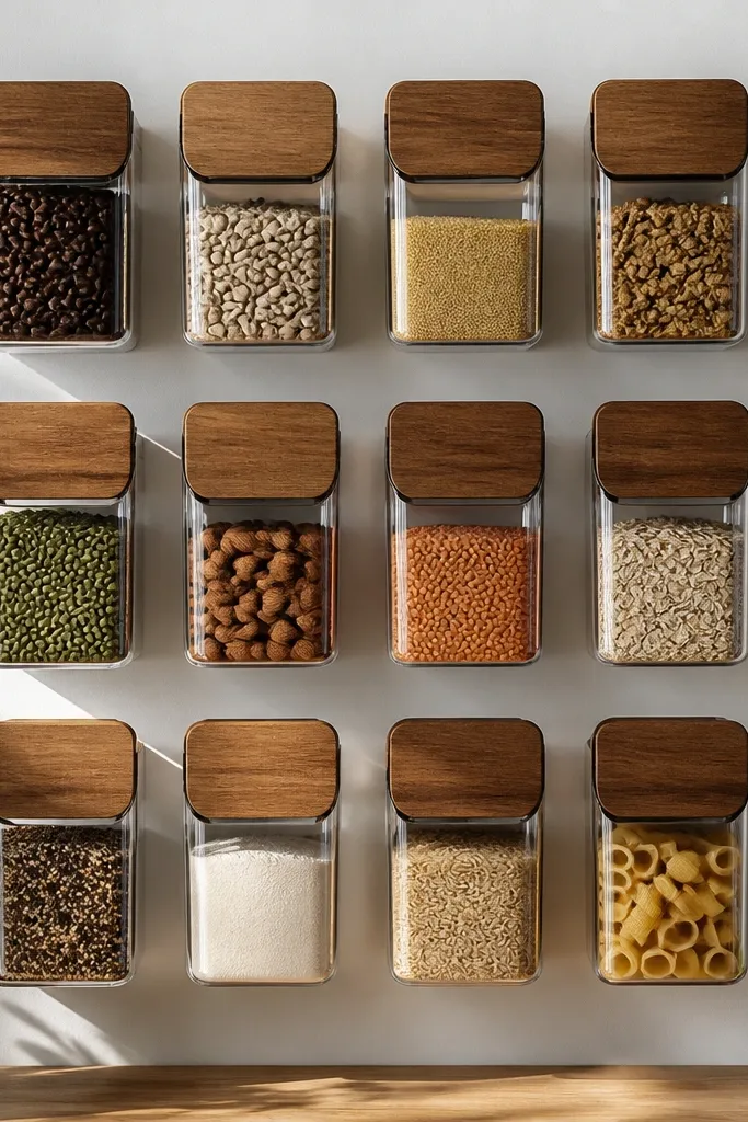 White wall with clear bins and magnetic lids in a neat grid