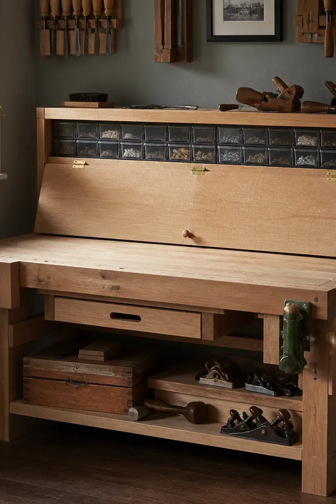Workbench with a drop-front panel hiding small parts bins
