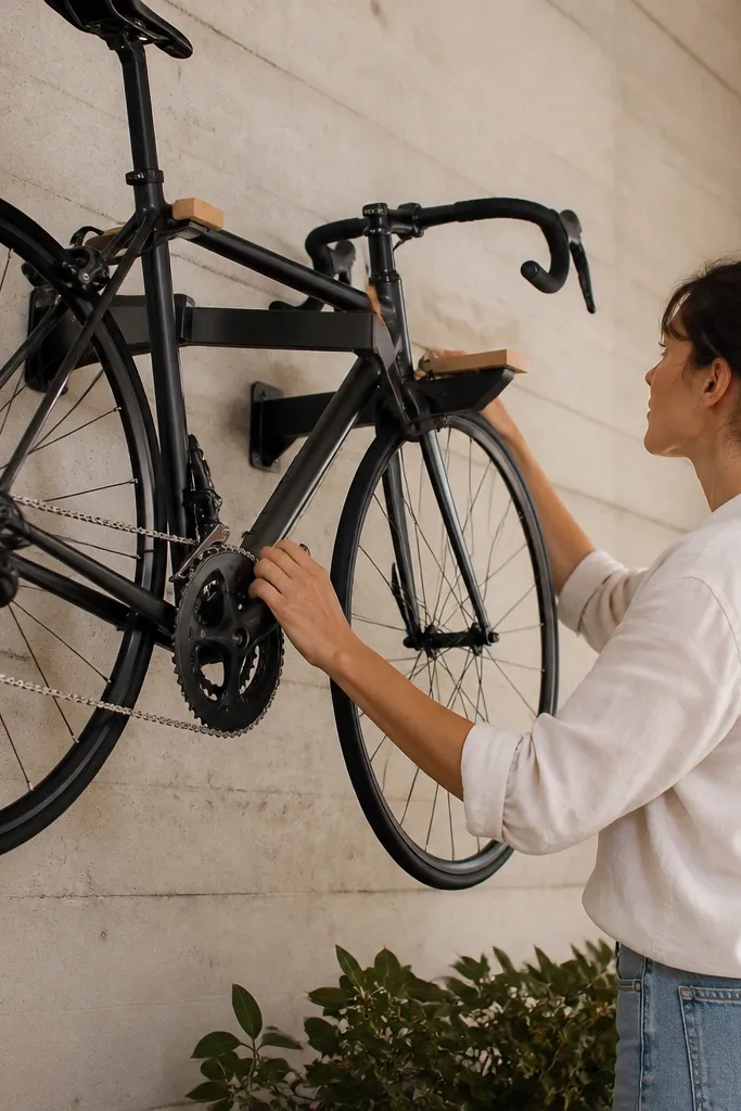 Powder-coated bike arms holding a bike with wood contact pads