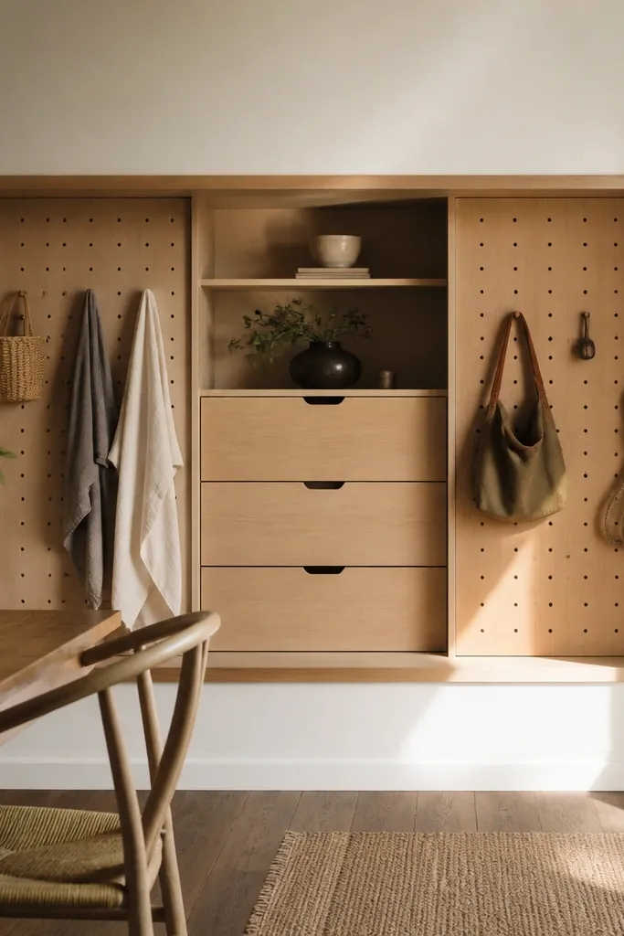 Recessed wall panel with three drawers in the middle and peg panels on sides