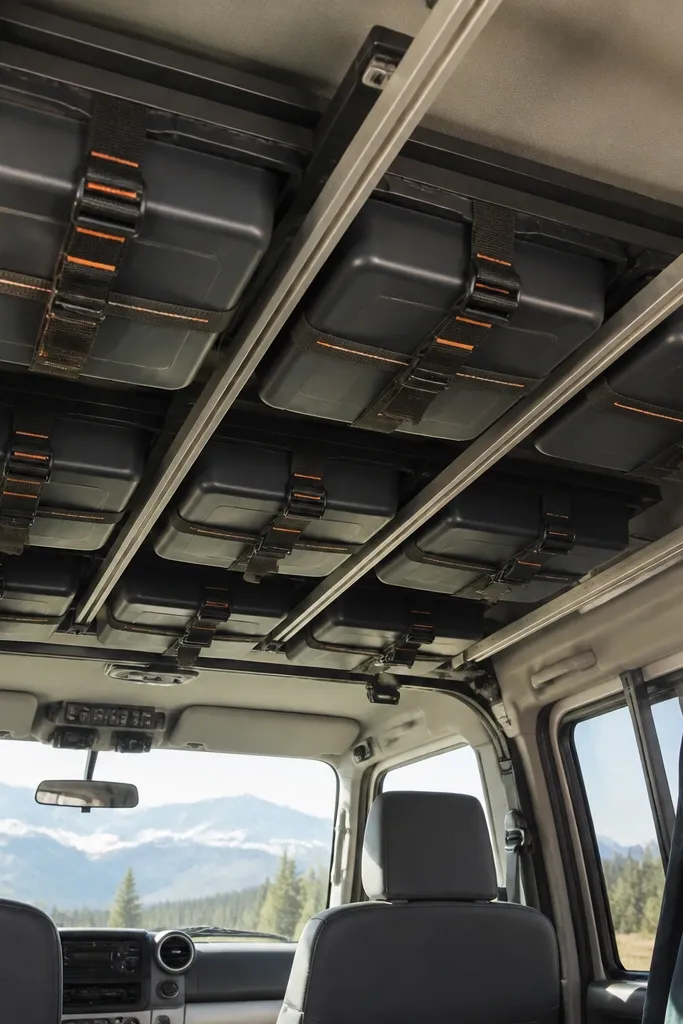 Ceiling rails with neatly strapped bins stored in a grid