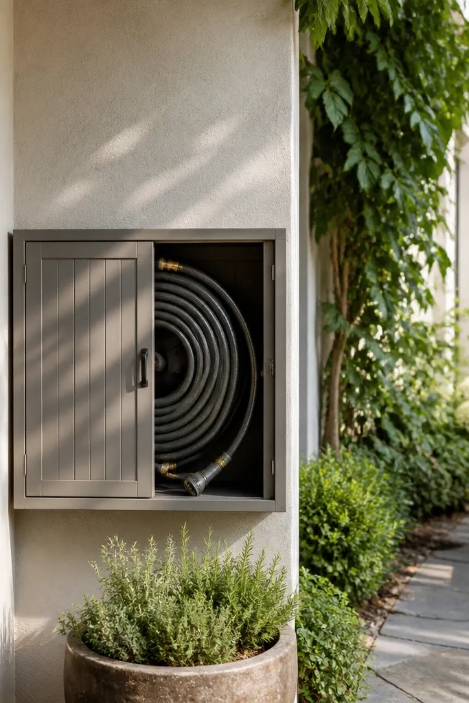 Hose reel on wall with a small cabinet door hiding the hose