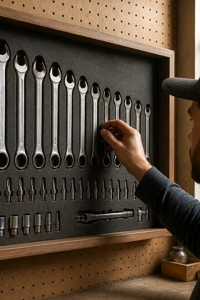 Pegboard-mounted shadow box with outlines holding wrenches and bits