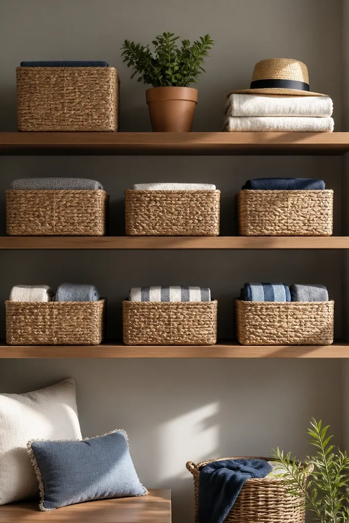 Three clean wall shelves with hidden brackets and neatly spaced bins