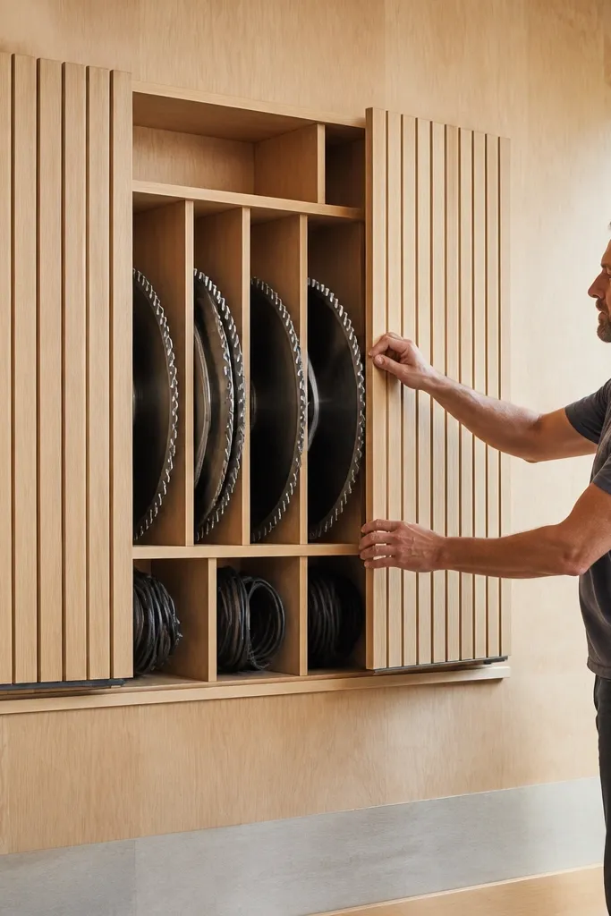 Wall saw storage with door panels hiding blades and cords