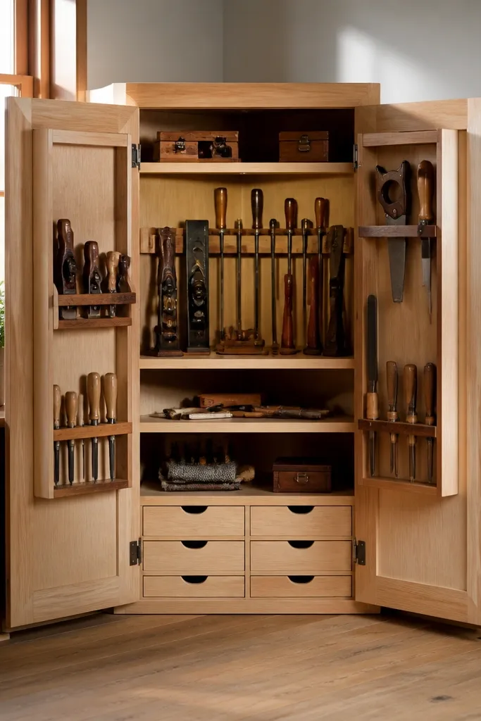 Corner cabinet with doors and an open rail for frequently used tools
