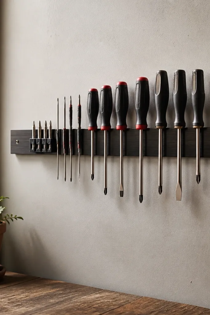 Magnetic strip on wall holding screwdrivers and small bit holders neatly