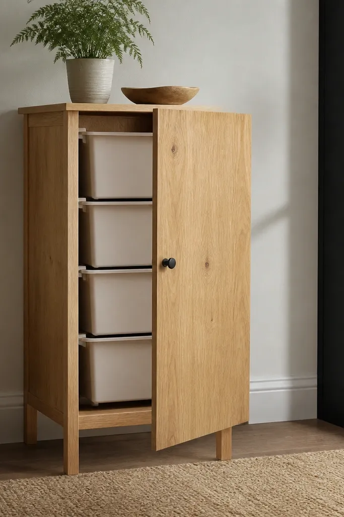 Cabinet with one front door hiding stacked bins inside