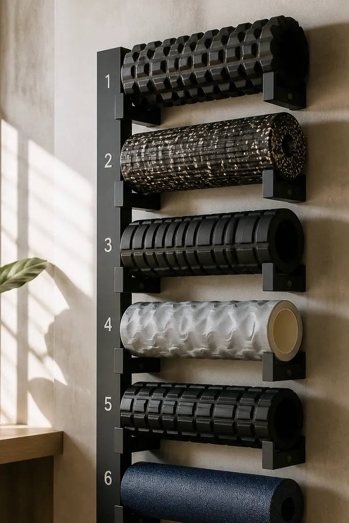 Vertical rack with roller holders and numbered slots on a wall