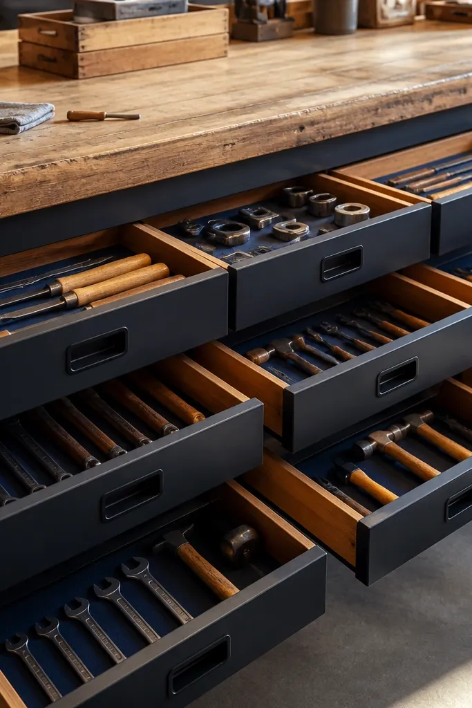 Workbench front with multiple drawers and clean liners in matching colors