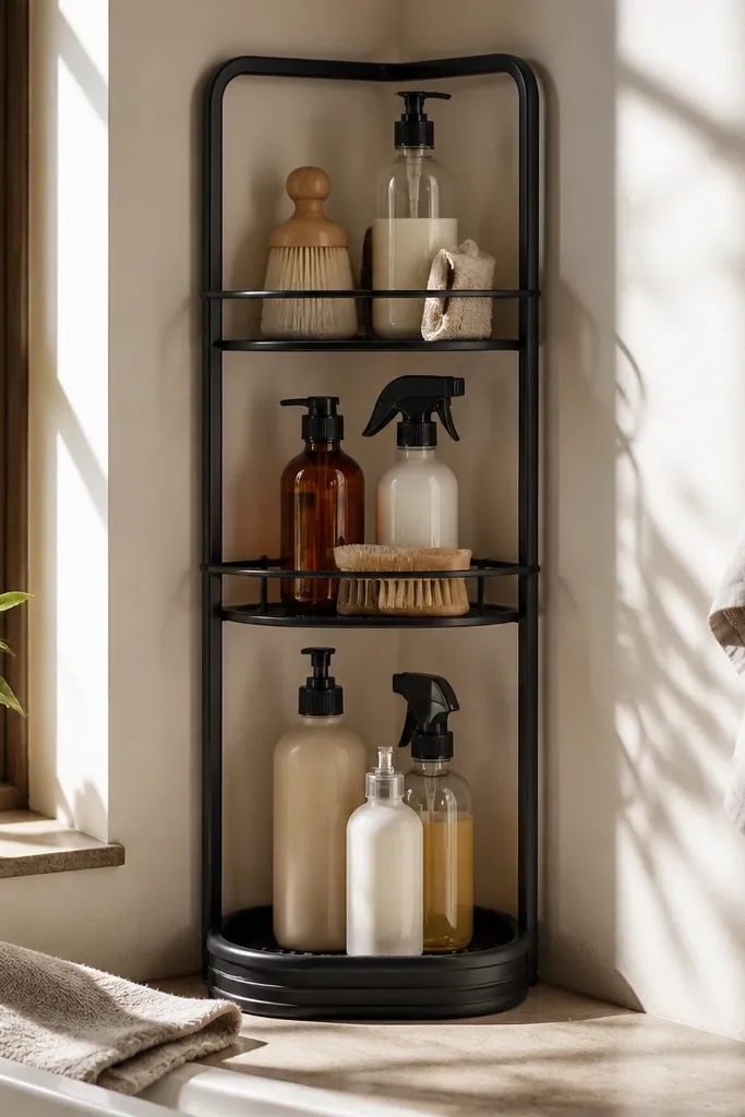 Corner shelf tower holding cleaning bottles with a drain tray at bottom