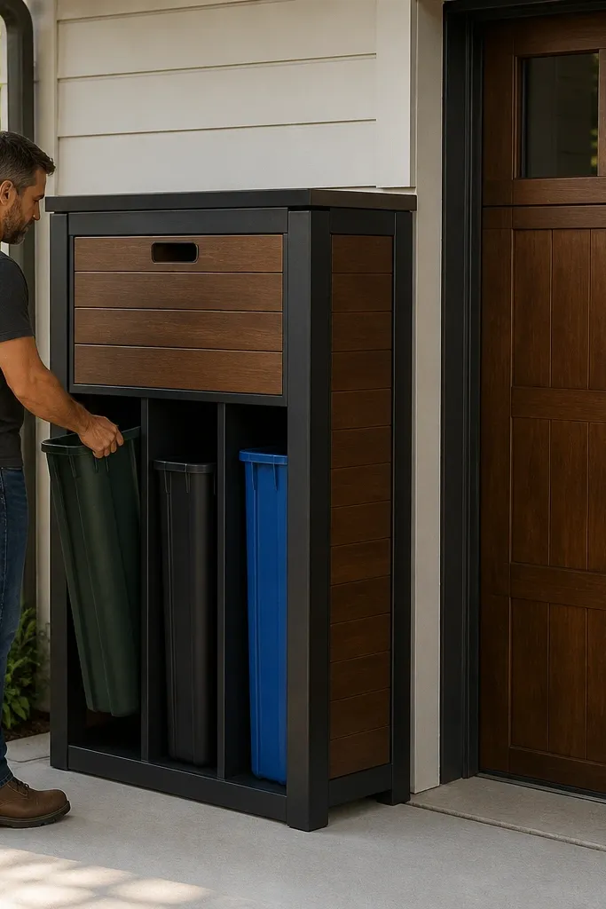 Storage unit beside garage door with vertical bins and a closed top box
