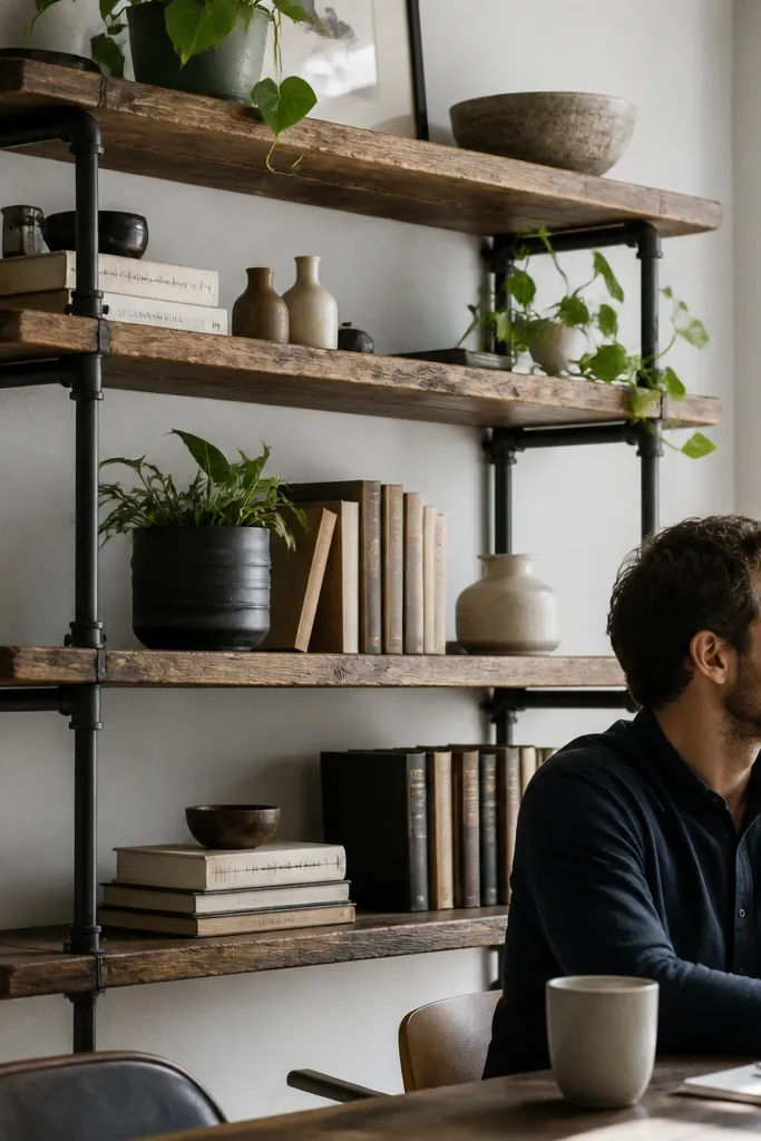 Black industrial pipe shelves with thick wood slabs and neatly spaced items