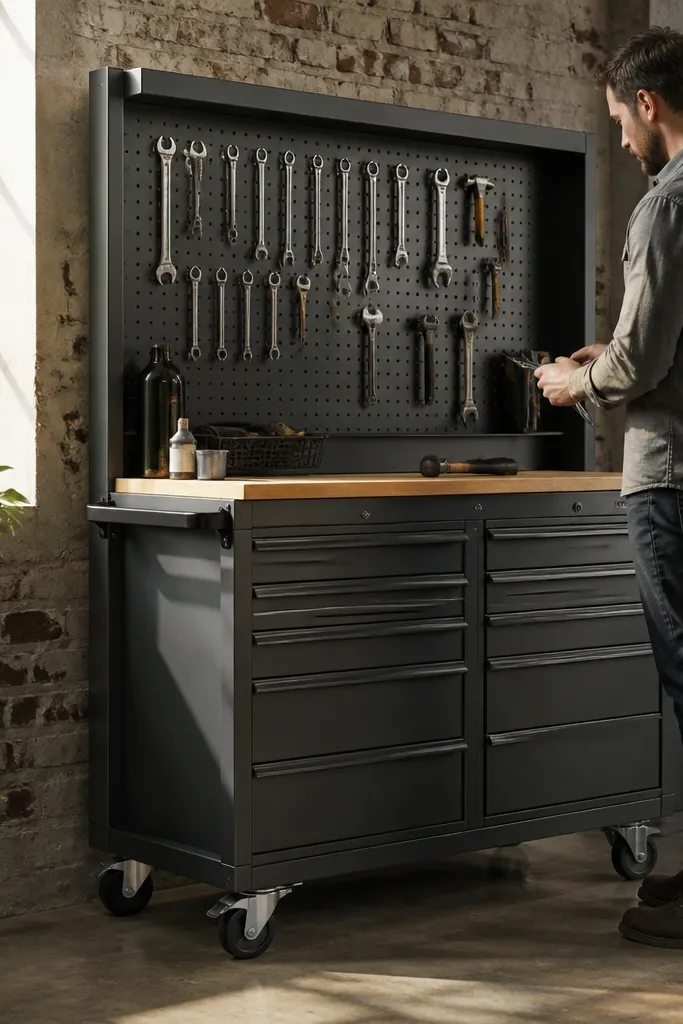 Rolling tool cart with pegboard back and drawers below for hidden storage
