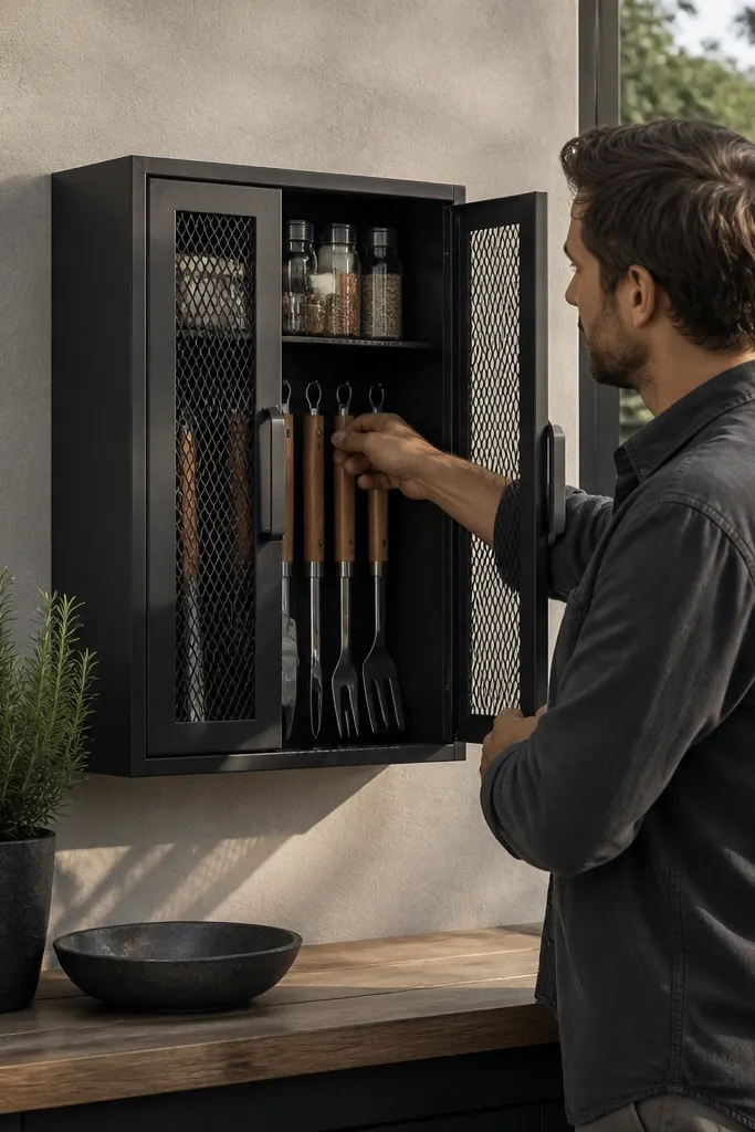Small wall cabinet with mesh shelf inside and doors for grill accessories