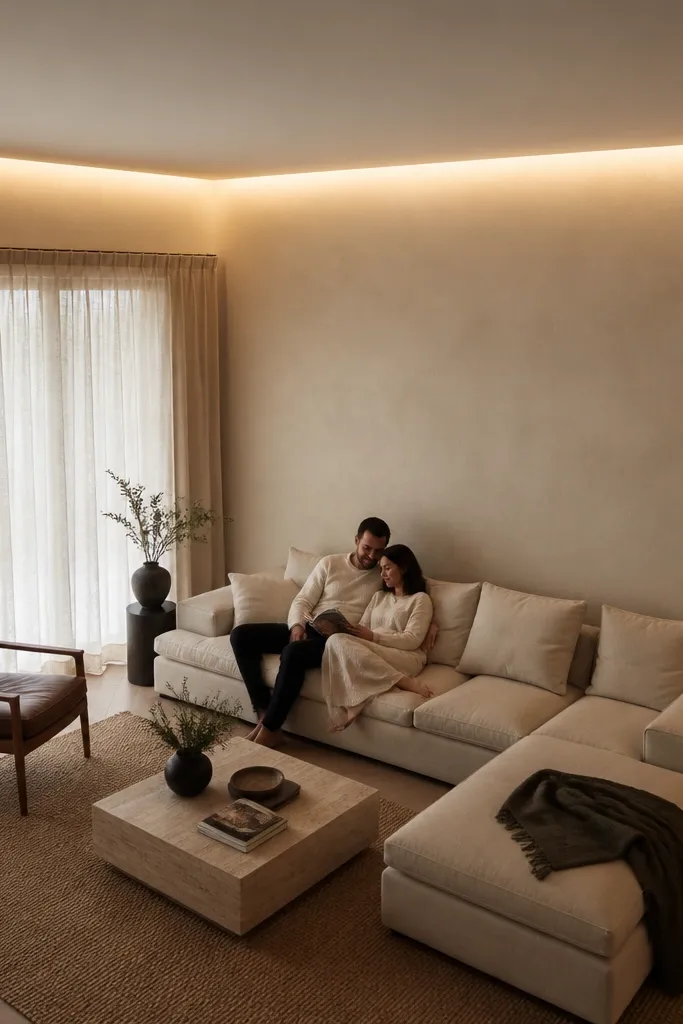 White ceiling border with continuous warm light glowing along the wall