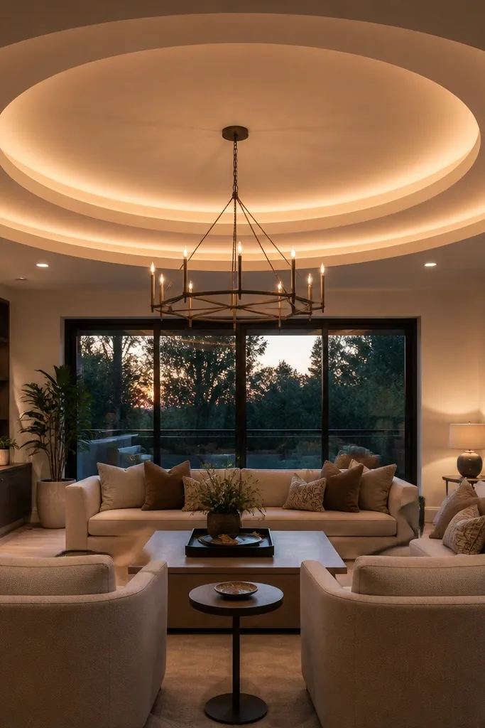Two-level circular rings centered on the ceiling with soft recessed lights