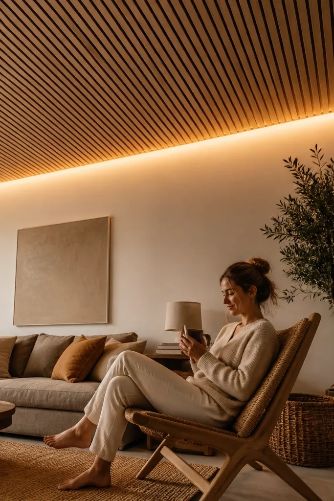 Wood slat ceiling panels with a hidden warm LED glow along the edges