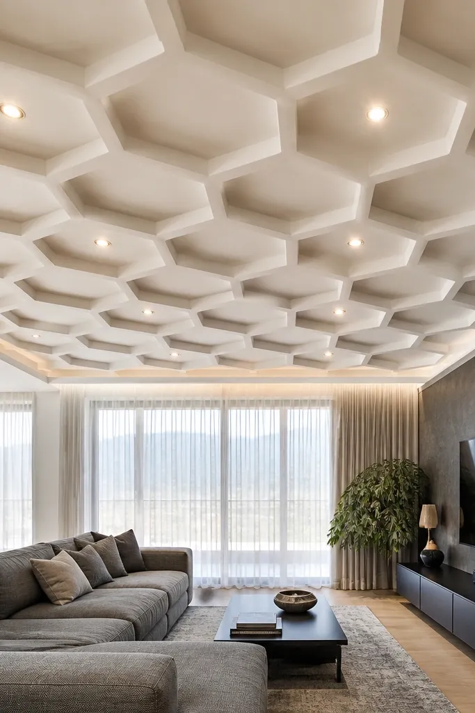 White ceiling with a hexagon grid pattern and small recessed lights