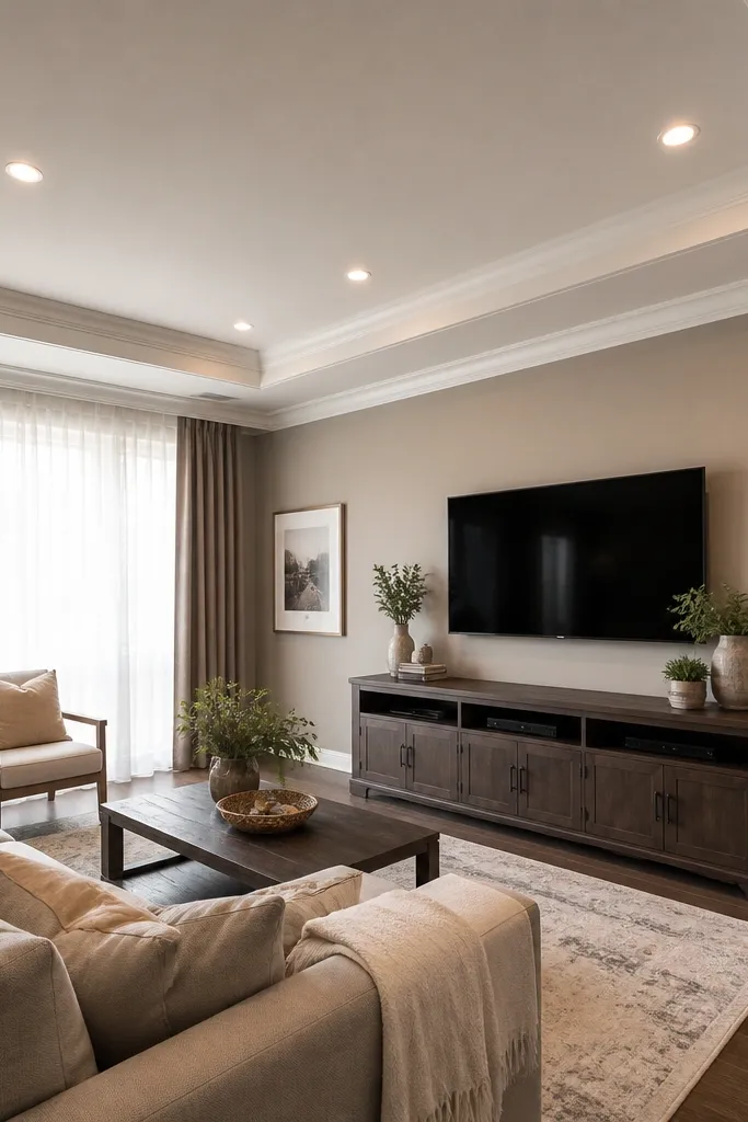 Two-level tray ceiling with a crown-like border and recessed downlights