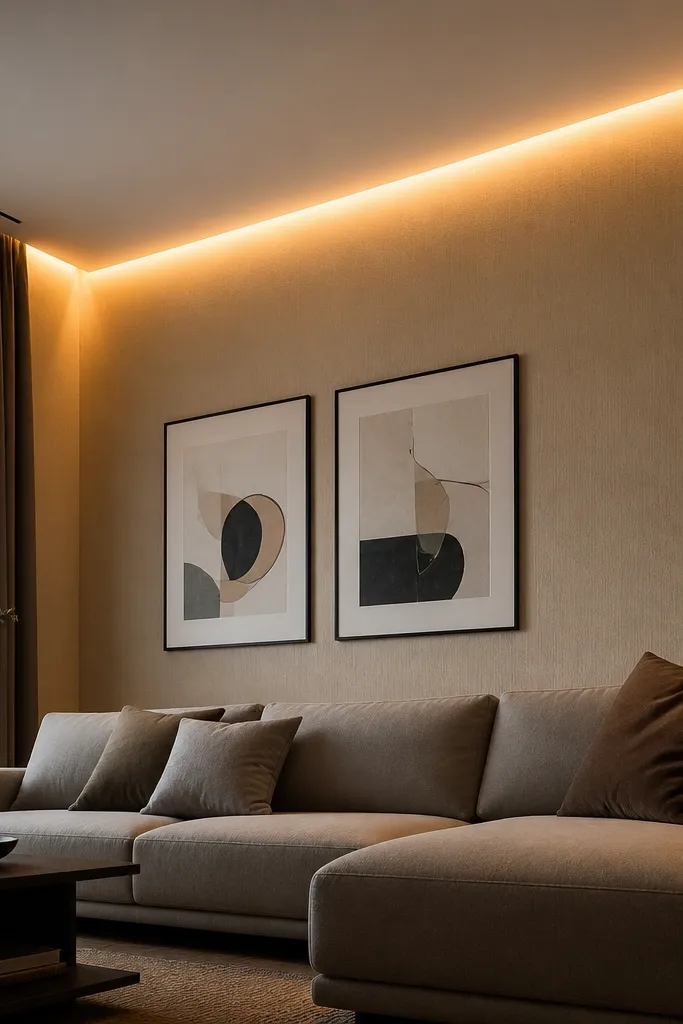 Ceiling L-shaped cove glow along a seating wall with recessed lights