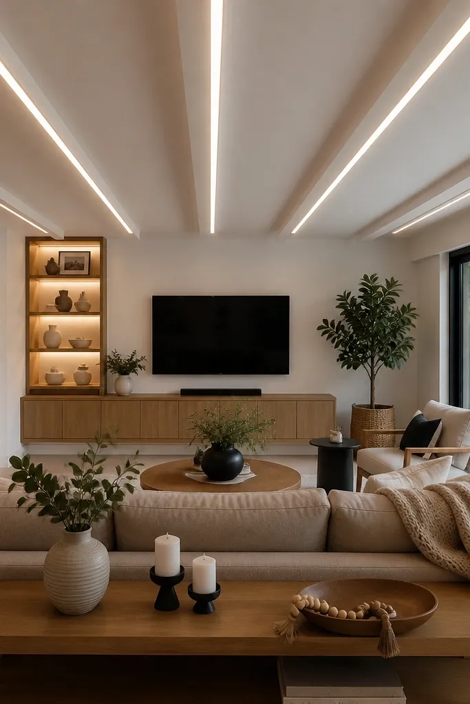 Long recessed LED lines on a white false ceiling with evenly spaced light points
