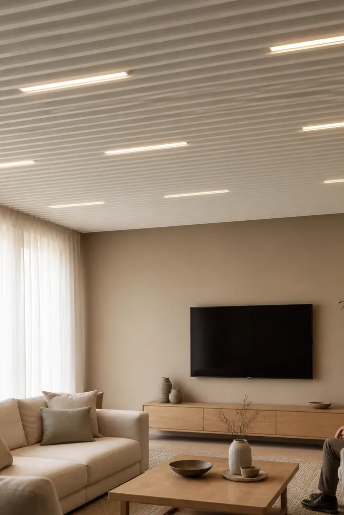 Matte white ribbed ceiling with thin recessed light strips