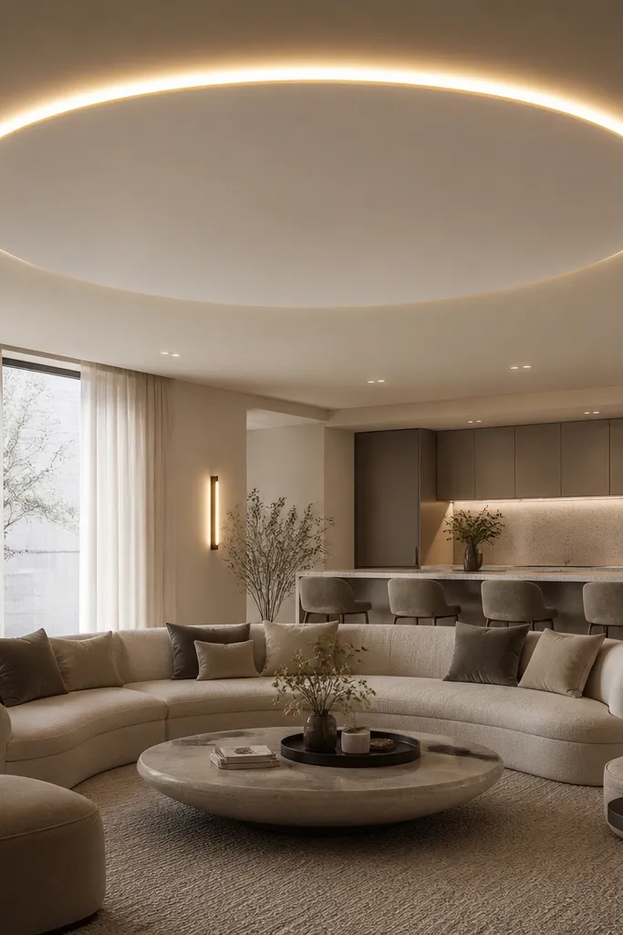 Raised circular ceiling feature with a glowing halo ring around it