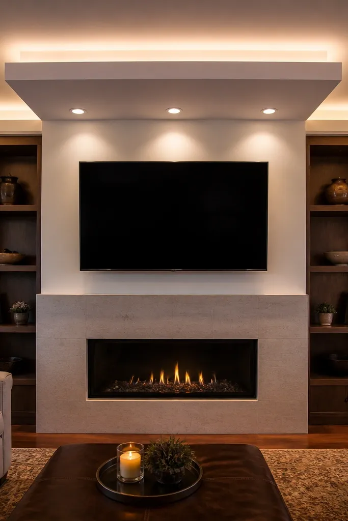 Ceiling feature panel above TV wall with angled recessed lights