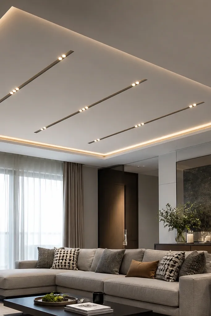 White ceiling with a thin perimeter border and three aligned rows of recessed lights