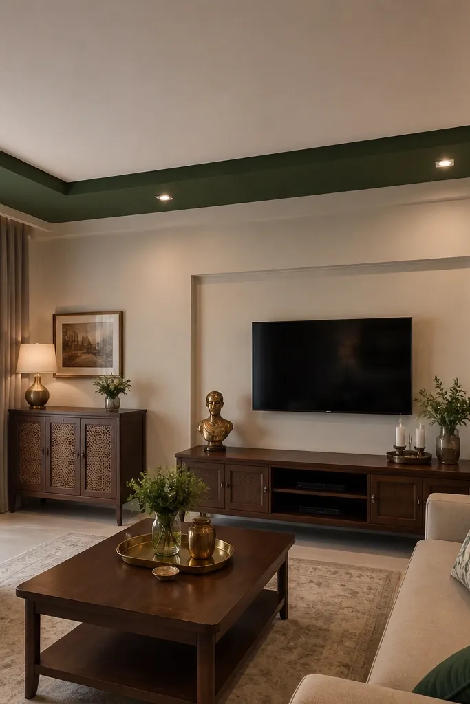 White ceiling with a colored edge strip border and recessed downlights