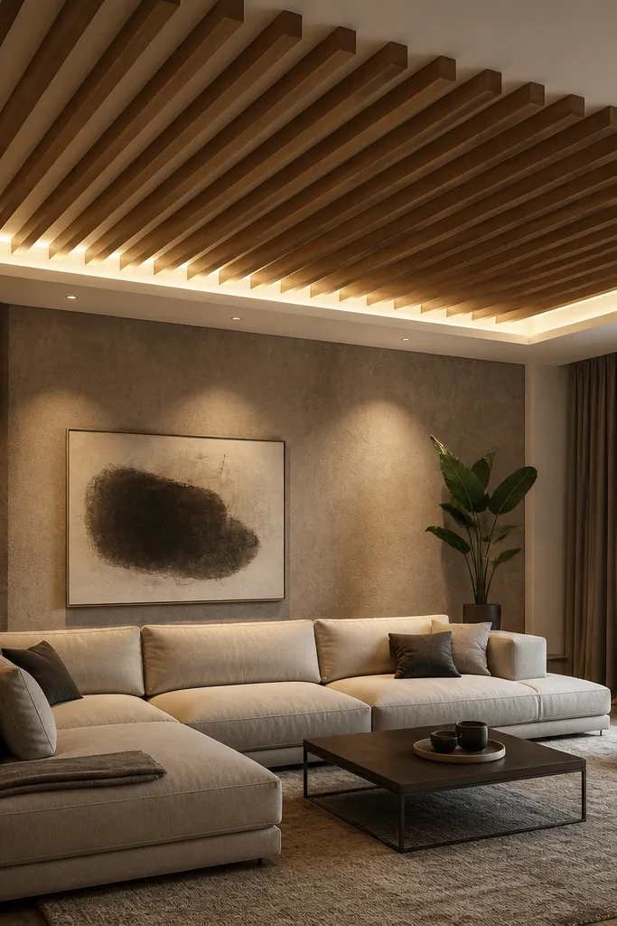 Ceiling with floating baffle strips and a soft warm glow around the perimeter