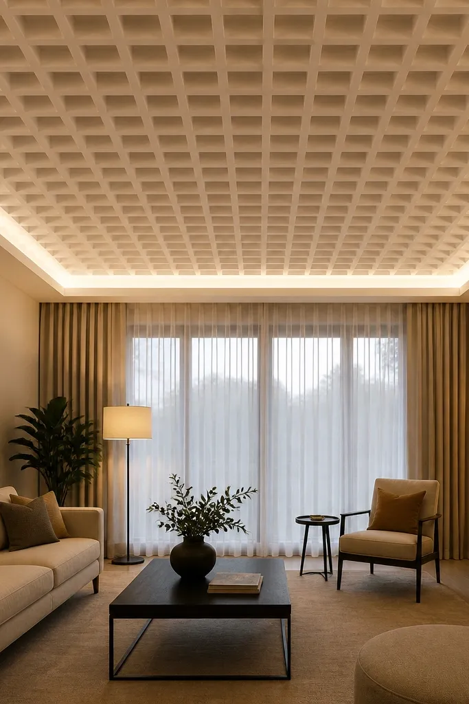 Ceiling with a waffle grid pattern and warm glow from a concealed perimeter channel