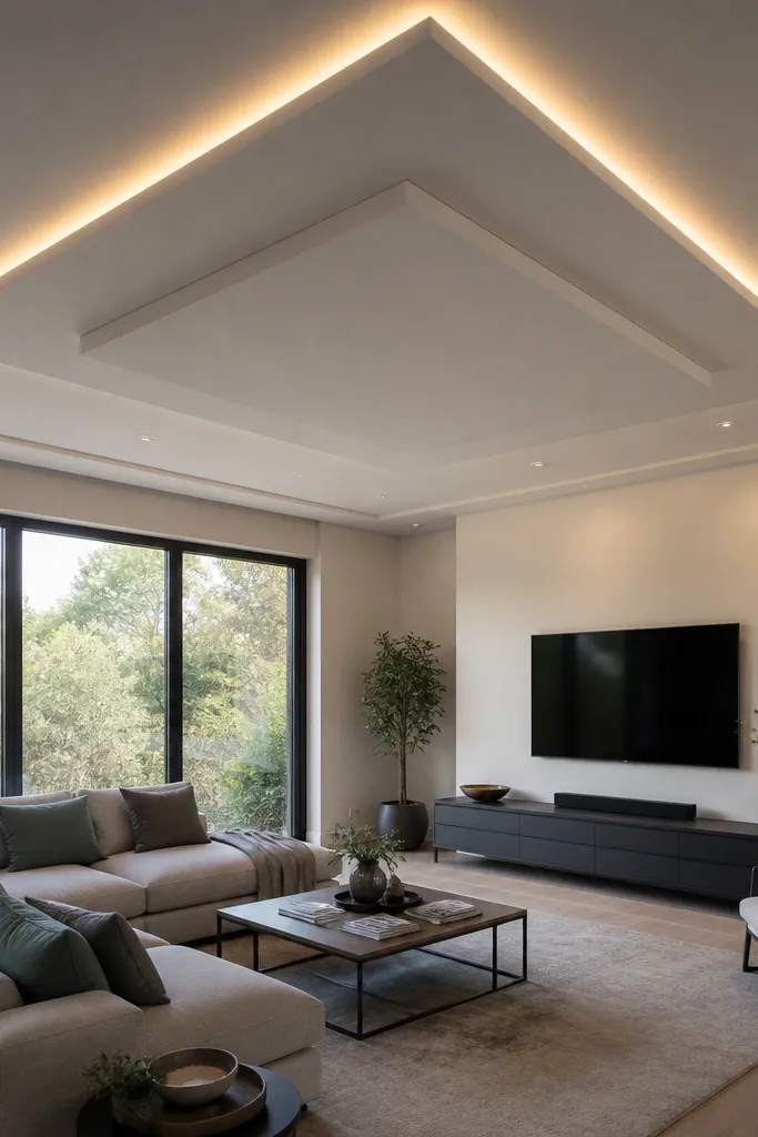 Ceiling with a raised border and a floating rectangular center feature