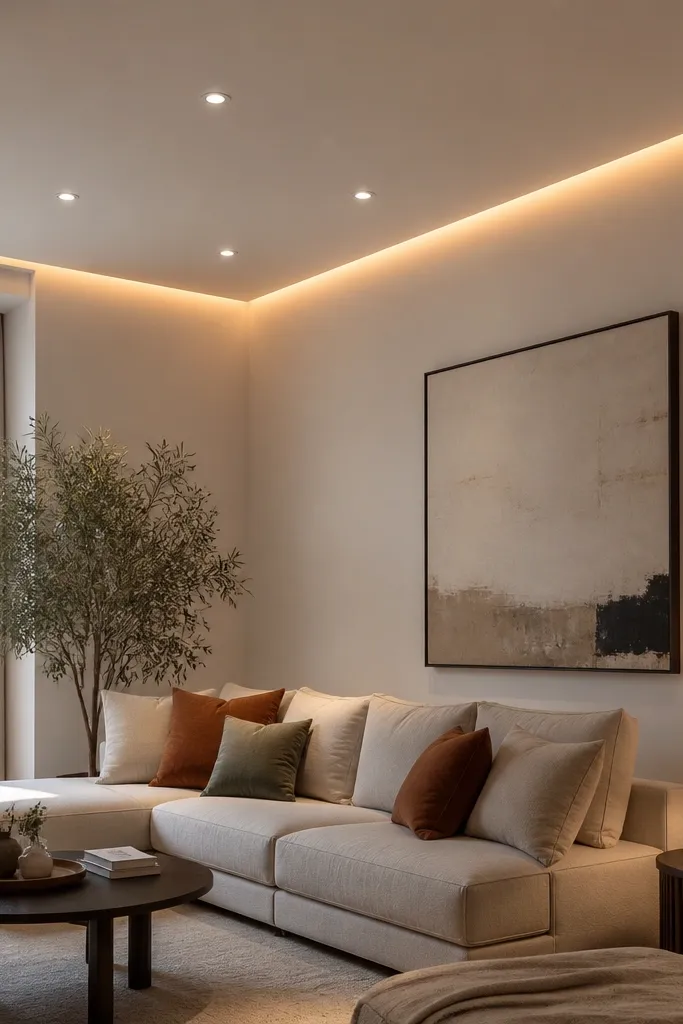 Two corners have cove lighting with straight downlight rows on the rest of the ceiling