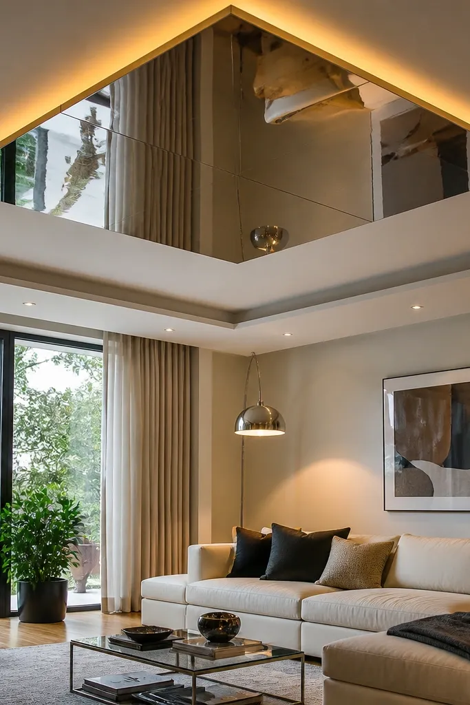 Ceiling has a reflective accent panel with warm lights behind it