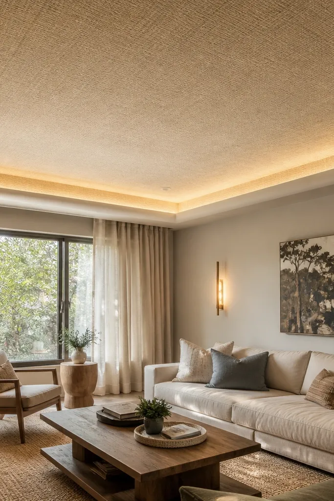 Ceiling with a soft textured finish and concealed warm cove lighting around edges