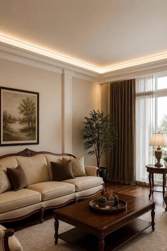 Ceiling has a crown-like recessed border with soft light washing the walls